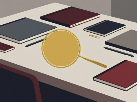 Flat graphic illustration of a thoughtful editorial desk with a brass monocle and notebooks
