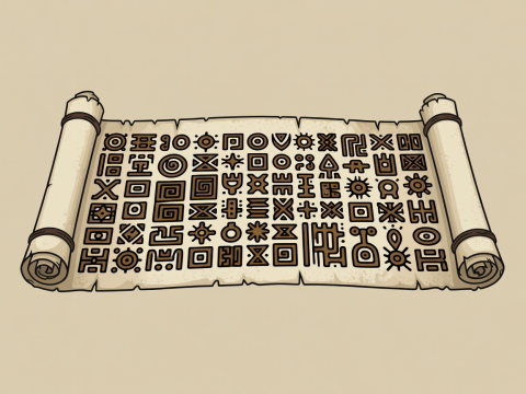 Flat graphic illustration of an ancient riddle codex manuscript scroll
