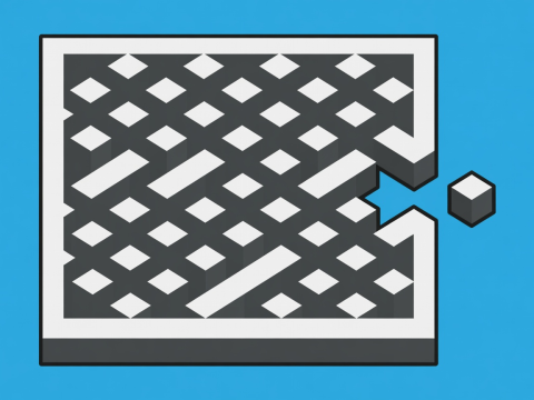 Flat graphic illustration of a maze with an unexpected exit outside the conventional border